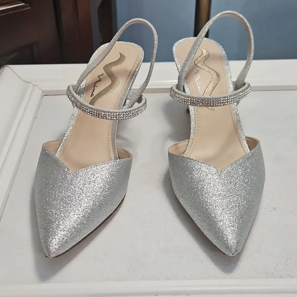 Nina Billie Silver Glitter Heels Size 7.5M